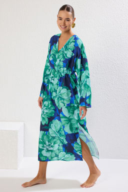 Cicek Desenli Dokuma Y?rtmacl? Maxi Plaj Elbise TBESS25EL00037