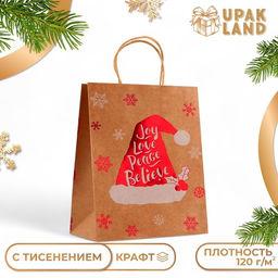 Цена за 2 шт. Пакет подарочный новогодний, крафт с тиснением, круглая ручка, Колпак 33?25?12 см, 120 г