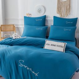 Комплект постельного белья Однотонный Сатин Вышивка на резинке CHR039 160*200*35 2 спальный 4 Наволочки