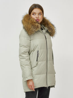 Куртка Бренд Visdeer ПРЕМИУМ КЛАССА зимняя с мехом ЕНОТА светло-зеленого цвета фото 14