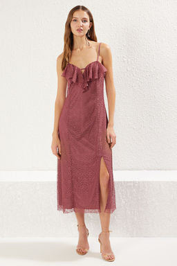 Gul Kurusu Volan Detayl? Astarl? Dantel Orme S?k Abiye Gece Mezuniyet Elbisesi TPRSS25EL00034