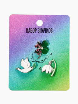 Броши "Голубь, клевер, подснежник" (набор 3шт), цветной в серебре