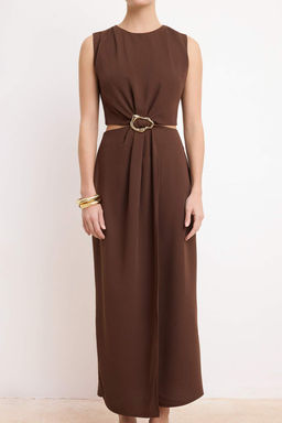 Kahverengi Duz A Kesim Aksesuar Detayl? Maxi Dokuma Elbise TWOSS25EL00017