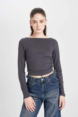 Женская базовая однотонная футболка с вырезом лодочкой антрацитового цвета и длинными рукавами - Defacto фото 3