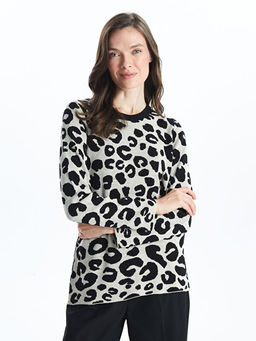 Bisiklet Yaka Leopar Desenli Kad?n Triko Kazak