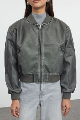 Antrasit Eskitme Detayl_ Suni Deri Bomber Ceket Mont TWOAW24MO00278 - Trendyolmilla фото 3