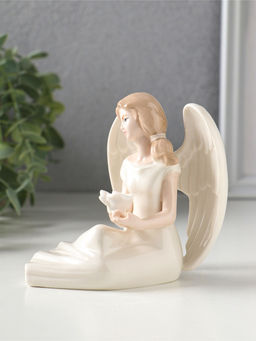 Сувенир керамика "Девушка-ангел в белом платье, с белой розой в ладонях" 11,3х10х9,8 см