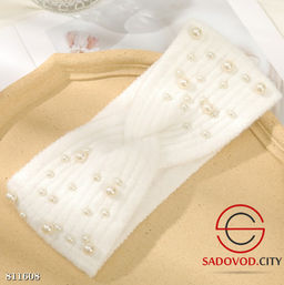 Зимняя тёплая шерстяная вязаная повязка на голову с бусинами - Bruno фото 3