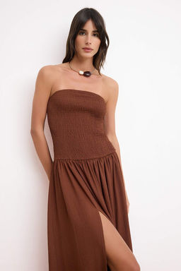 Kahverengi Belden Ac?lan Straplez Kolsuz Gipeli Dokulu Orme Elbise TWOSS26EL00607 - Trendyolmilla фото 2