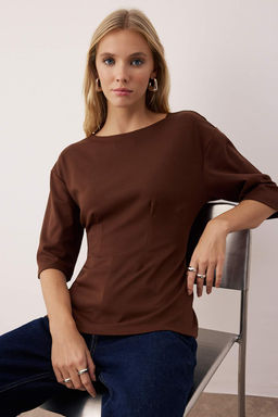 Kahverengi Interlok Peplum/Belden Oturmal? Esnek Orme Bluz TWOAW26BZ00187