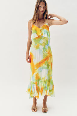 VESTIDO MIDI ESTAMPADO VOLANTES / TYEAMARILLO