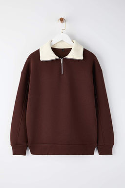 Kahverengi Oversize/Genis Kal?p Kadife Sloganl? Fermuarl? Ici Polarl? Orme Sweatshirt TWOAW26SW00228 - Trendyolmilla фото 5