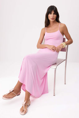 Pembe A-Kesim/Can Form Havuz Yaka Ince Ask?l? Kolsuz Maxi Esnek Orme Elbise TWOSS26EL00010