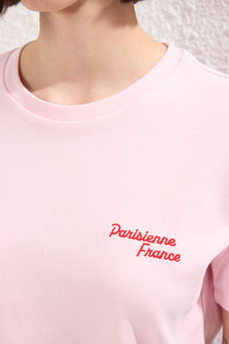 Pembe Slogan Bask?l? Kal?n Kumasl? Regular Kal?p Orme T-Shirt TWOSS25TS00159