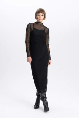 Футболка приталенного кроя с полуводолазкой и длинными рукавами из тюля - Defacto фото 2