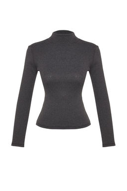 Koyu Antrasit Fitted/Vucuda Oturan Dik Yaka Uzun Kol Fitilli Esnek Orme Bluz TWOAW21BZ0423