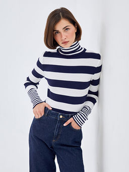 Bal?k?? Yaka Renk Bloklu Kad?n Triko Kazak