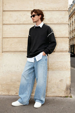 Siyah Oversize Bisiklet Yaka Biye Detayl? Triko Kazak TMNAW22KZ0142