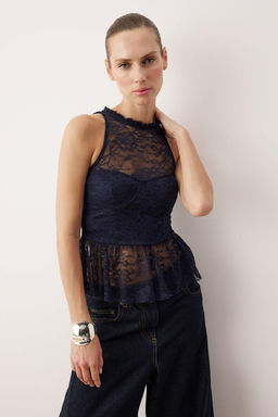Lacivert Dantel Peplum Detayl? Party Bluz TPRAW26BZ00008