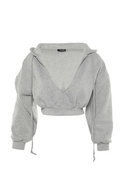 Gri Kal?n Ici Polarl? Kapusonlu V Yaka Rahat Kesim Crop Orme Sweatshirt TWOAW23SW00096