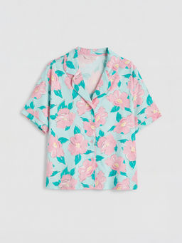 G?mlek Yaka ?i?ekli Kad?n Pijama Tak?m?