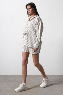 TRENDYOLMILLA Bej Beli Lastikli Cizgili Muslin Sort & Bermuda TWOSS25SR00039 фото 3