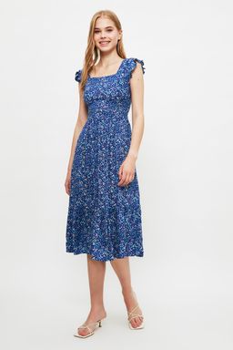 TRENDYOLMILLA Lacivert Cicek Desenli Kare Yaka A Kesim Viskon Midi Dokuma Elbise TWOSS20EL3331  фото 13