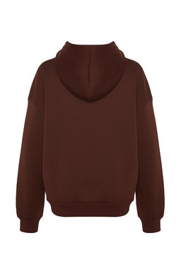 Kahverengi Oversize/Rahat Kesim Basic Kapusonlu Kal?n Ici Polarl? Orme Sweatshirt TWOAW24SW00188