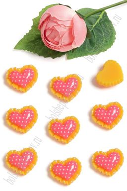 Кабошон "Сердечко в горошек" (50 шт) SF-5729, желтый/ярко-розовый