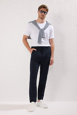 Lacivert Slim Fit Beli Ba_lama Detayl_ Lastikli Kuma_ Dokuma Pantolon TMNAW25PL00027