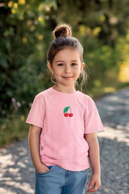 Ac?k Pembe K?z Cocuk Pamuklu Kirazl? Regular Kal?p Fitilli K?sa Kol Orme T-Shirt TKDSS24TS00009