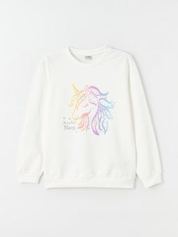 Bisiklet Yaka Bask?l? Uzun Kollu K?z ?ocuk Sweatshirt