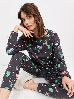 Хлопковый комплект (джемпер, брюки) в графитовом цвете с принтом в виде оленей