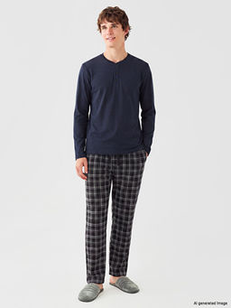 Henley Yaka Uzun Kollu Erkek Pijama ?st