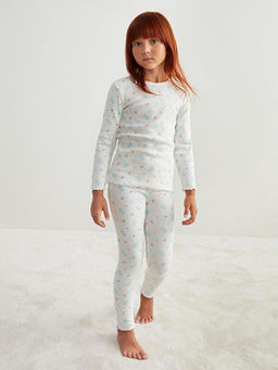 Bisiklet Yaka ?i?ekli K?z ?ocuk Pijama Tak?m?