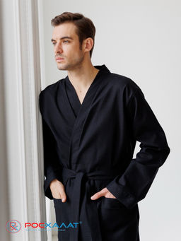 Мужской вафельный халат с планкой черный В-03 (27)