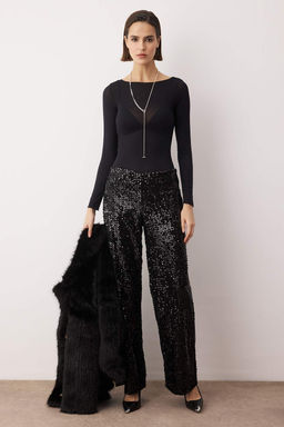 Siyah Wide Leg/Genis Paca Orme Payet S?k/Gece Pantolon TPRAW26PL00005