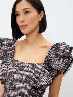 Платье из хлопка с отделкой из кружева OD-945-1 клетка ч/б с напылением