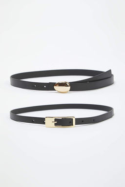 Siyah-Siyah 2li Paket Deri Gorunumlu Kemer TWOAW26KE00008