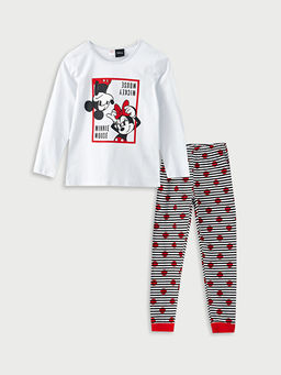Bisiklet Yaka Minnie ve Mickey Mouse Bask?l? Uzun Kollu K?z ?ocuk Pijama Tak?m?