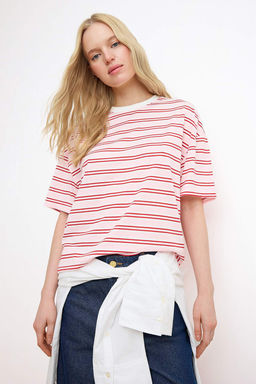 Pembe Cizgili Boxy Dusuk Kol K?sa Kollu Tok %100 Pamuk Orme T-Shirt TWOSS26TS00023