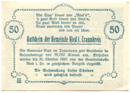 50 геллеров 1920 года Австрия Рид-им-Траункрайс (нотгельд)