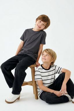 Antrasit-Ekru 2li Erkek Cocuk Basic-Cizgili Regular Kal?p K?sa Kol Orme T-Shirt TKDSS25TS00025 - Trendyolmilla фото 8