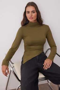 Haki Fitted Buzgu/Drape Detayl? Dik Yaka Orme Bluz TWOAW25BZ00145