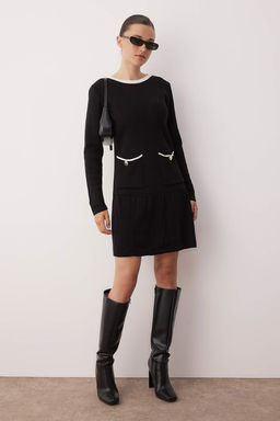 Siyah Renk Bloklu Ekstra K?sa / Super Mini Triko Elbise TWOAW26EL00108 - Trendyolmilla фото 2