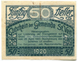 Банкнота 50 геллеров 1920 года Австрия  Санкт-Файт-им-Мюлькрайс (нотгельд)