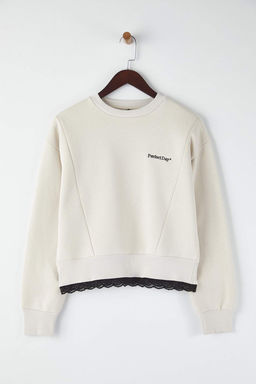 Teen Tas Regular Dantel Detayl? Slogan Nak?sl? Kal?n Ici Polarl? Orme Sweatshirt TWOAW26SW00153