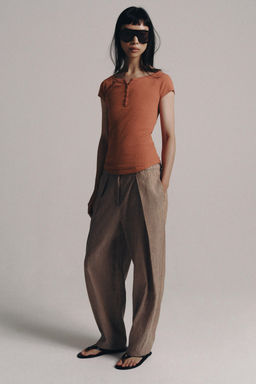 CAMISETA BOTONES CON LINO / Terracota - Zara фото 4
