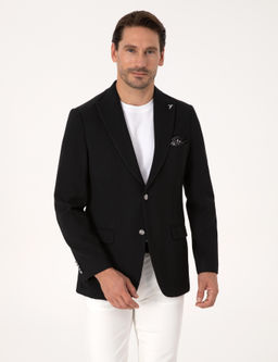 Siyah Slim Fit Y_n Kar___ml_ K_rlang__ Yaka Bal_k S_rt_ Blazer Ceket