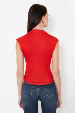 Trendyolmilla Ekru Dik Yaka K?sa Kollu Buzgu/Drape Detayl? Fitted/Vucuda Oturan Asimetrik Orme Bluz TWOSS24BZ00534  фото 6